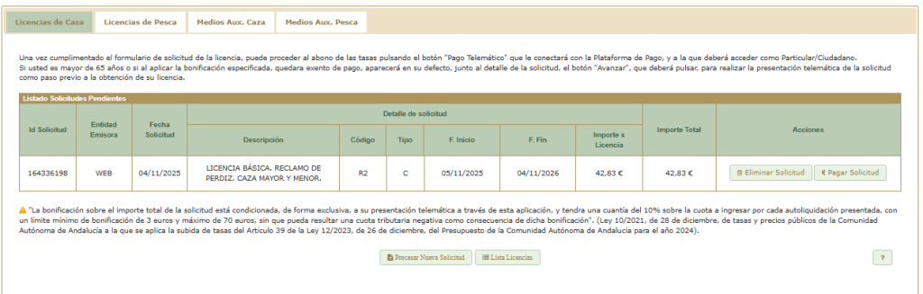 acceso a pago licencia de caza andalucía